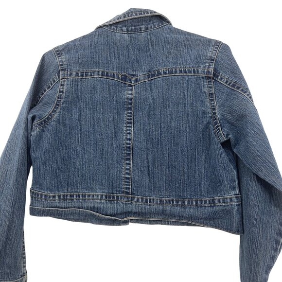 Xhilaration Womens Cropped Denim Jacket SZ XL Blue Button Front Distressed Style - Picture 15 of 15